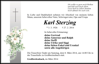Traueranzeige von Karl Sterzing von Südthüringer Presse