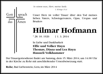 Traueranzeige von Hilmar Hofmann von Südthüringer Presse