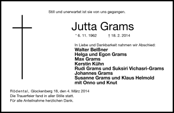 Traueranzeige von Jutta Grams von Neue Presse Coburg