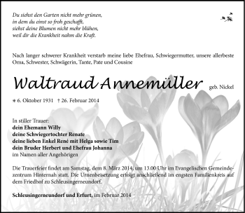 Traueranzeige von Waltraud Annemüller von Südthüringer Presse