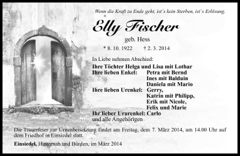 Traueranzeige von Elly Fischer von Südthüringer Presse
