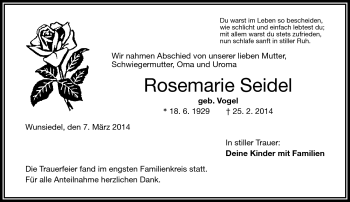 Traueranzeige von Rosemarie Seidel von Frankenpost