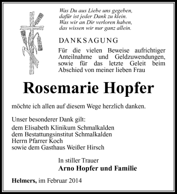 Traueranzeige von Rosemarie Hopfer von Südthüringer Presse