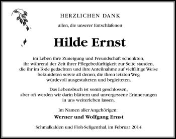 Traueranzeige von Hilde Ernst von Südthüringer Presse