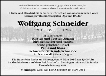 Traueranzeige von Wolfgang Schneider von Südthüringer Presse