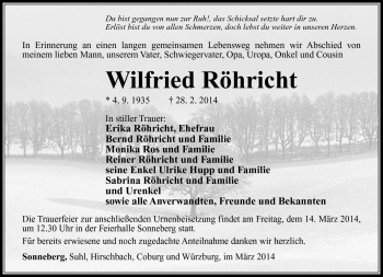 Traueranzeige von Wilfried Röhricht von Südthüringer Presse