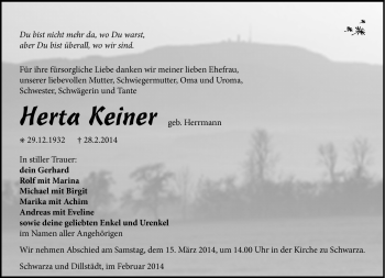 Traueranzeige von Herta Keiner von Südthüringer Presse
