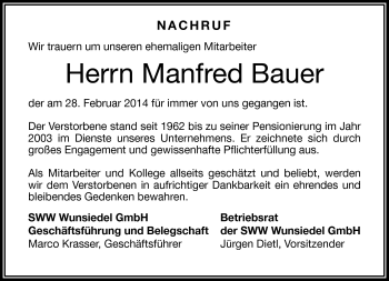 Traueranzeige von Manfred Bauer von Frankenpost