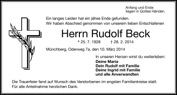 Traueranzeige von Rudolf Beck von Frankenpost