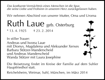 Traueranzeige von Ruth Laue von Südthüringer Presse