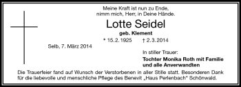 Traueranzeige von Lotte Seidel von Frankenpost