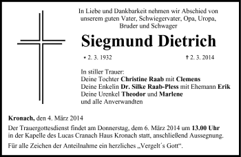 Traueranzeige von Siegmund Dietrich von Neue Presse Coburg