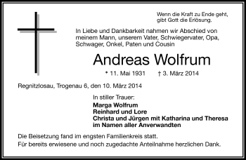 Traueranzeige von Andreas Wolfrum von Frankenpost