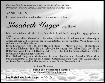 Traueranzeige von Elisabeth Unger von Südthüringer Presse