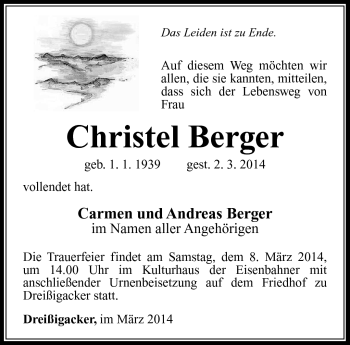 Traueranzeige von Christel Berger von Südthüringer Presse