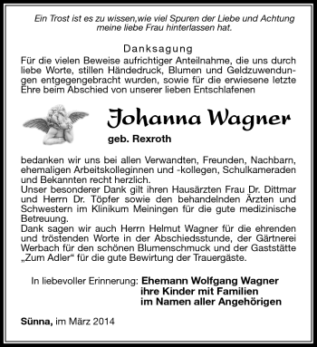 Traueranzeige von Johanna Wagner von Südthüringer Presse