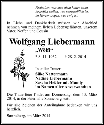 Traueranzeige von Wolfgang Liebermann von Südthüringer Presse