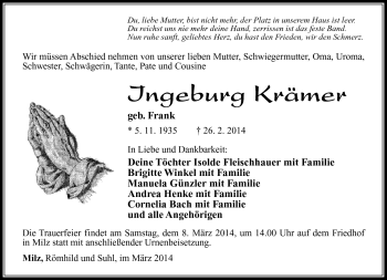 Traueranzeige von Ingeburg Krämer von Südthüringer Presse
