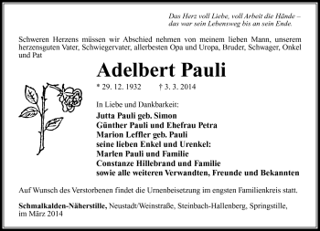 Traueranzeige von Adelbert Pauli von Südthüringer Presse