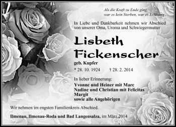 Traueranzeige von Lisbeth Fickenscher von Südthüringer Presse