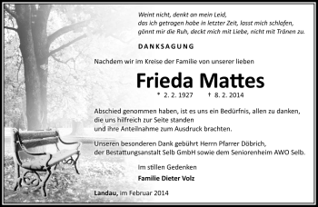 Traueranzeige von Frieda Matthes von Frankenpost