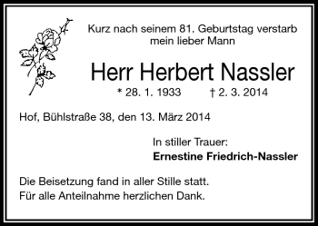 Traueranzeige von Herbert Nassler von Frankenpost