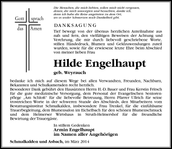 Traueranzeige von Hilde Engelhaupt von Südthüringer Presse
