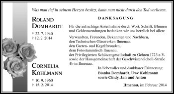 Traueranzeige von RolandCornelia DomhardtKohlmann von Südthüringer Presse