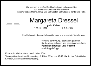 Traueranzeige von Margareta Dressel von Neue Presse Coburg