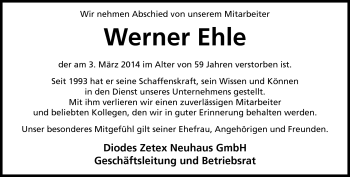 Traueranzeige von Werner Ehle von Südthüringer Presse