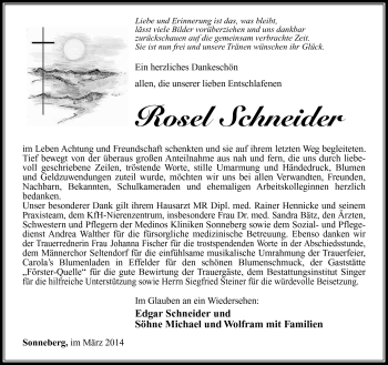 Traueranzeige von Rosel Schneider von Südthüringer Presse