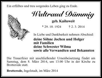 Traueranzeige von Waltraud Dämmig von Südthüringer Presse