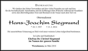 Traueranzeige von Hans-Joachim Siegmund von Südthüringer Presse