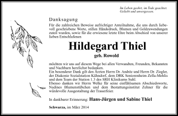 Traueranzeige von Hildegard Thiel von Südthüringer Presse