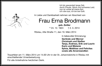 Traueranzeige von Erna Brodmann von Frankenpost
