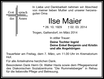 Traueranzeige von Ilse Maier von Frankenpost