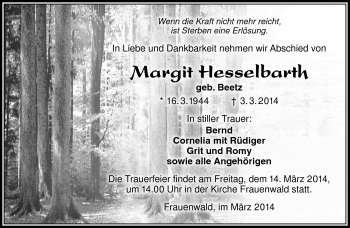 Traueranzeige von Margit Hesselbarth von Südthüringer Presse
