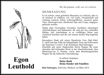 Traueranzeige von Egon Leuthold von Südthüringer Presse