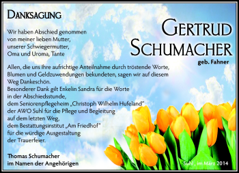 Traueranzeige von Gertrud Schumacher von Südthüringer Presse