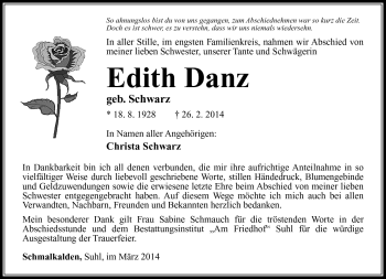 Traueranzeige von Edith Danz von Südthüringer Presse