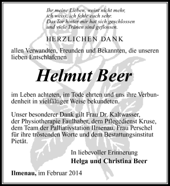 Traueranzeige von Helmut Beer von Südthüringer Presse