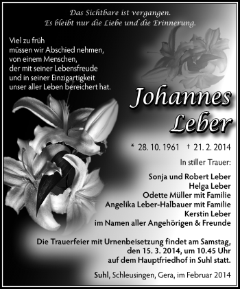 Traueranzeige von Johannes Leber von Südthüringer Presse