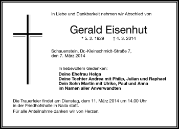 Traueranzeige von Gerald Eisenhut von Frankenpost