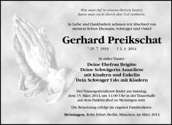 Traueranzeige von Gerhard Preikschat von Südthüringer Presse