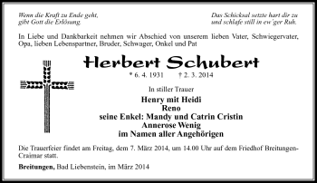 Traueranzeige von Herbert Schubert von Südthüringer Presse
