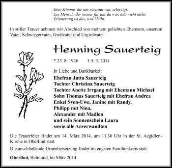 Traueranzeige von Henning Sauerteig von Südthüringer Presse