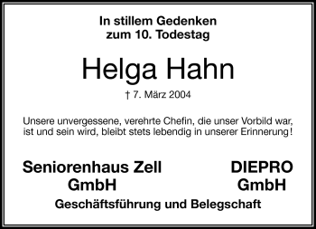 Traueranzeige von Helga Hahn von Frankenpost