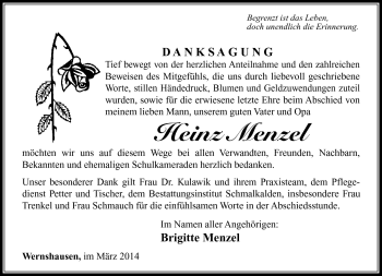 Traueranzeige von Heinz Menzel von Südthüringer Presse
