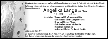 Traueranzeige von Angelika Lange von Neue Presse Coburg