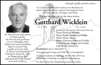 Traueranzeige von Gotthard Wicklein von Neue Presse Coburg